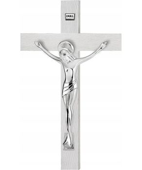 Krzyż na ścianę biały – posrebrzana pasyjka PVD (Miro-Silver), drewno VR 182932ARG.jpg